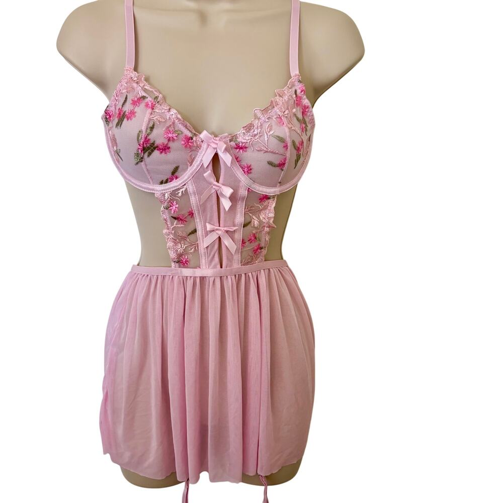 NWT Avidlove Embroidered Coquette Underwire Babydoll Chemise Corset w/ Garters S